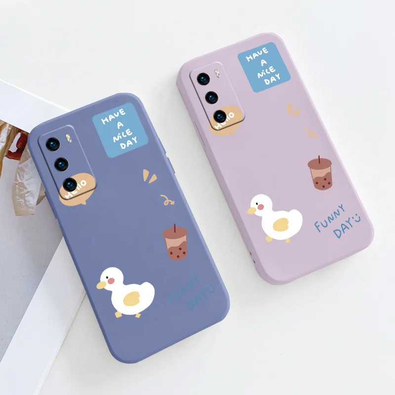 

Funny Duck Liquid Slicone Soft Cover Huawei P40 P50 P30 P20 Pro Lite Mate 40 30 20 Pro Lite Nova 5t Y7A Shockproof Phone Case