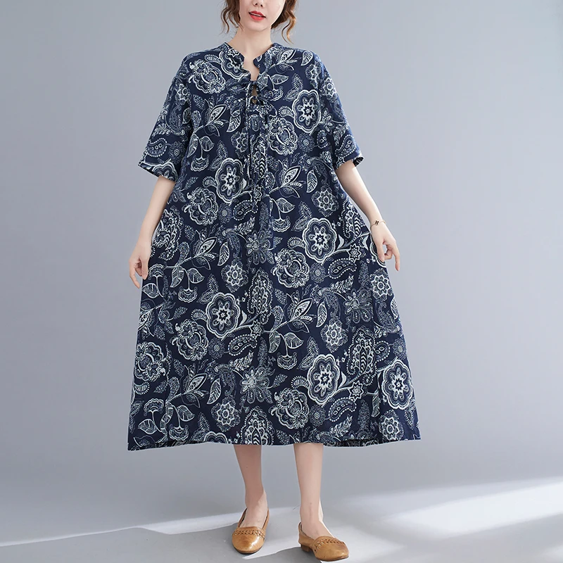 

2021 Plus Size Women Dress Linen Summer Beach Sundress Vintage Patchwork V-Neck Loose Fashion Blue Print Casual Dress