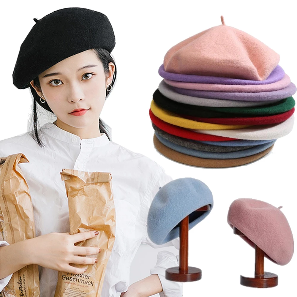 Warm Wool Winter Beanie Women Beret Artist Hat Cap Plain Beret Hats Solid Color Caps