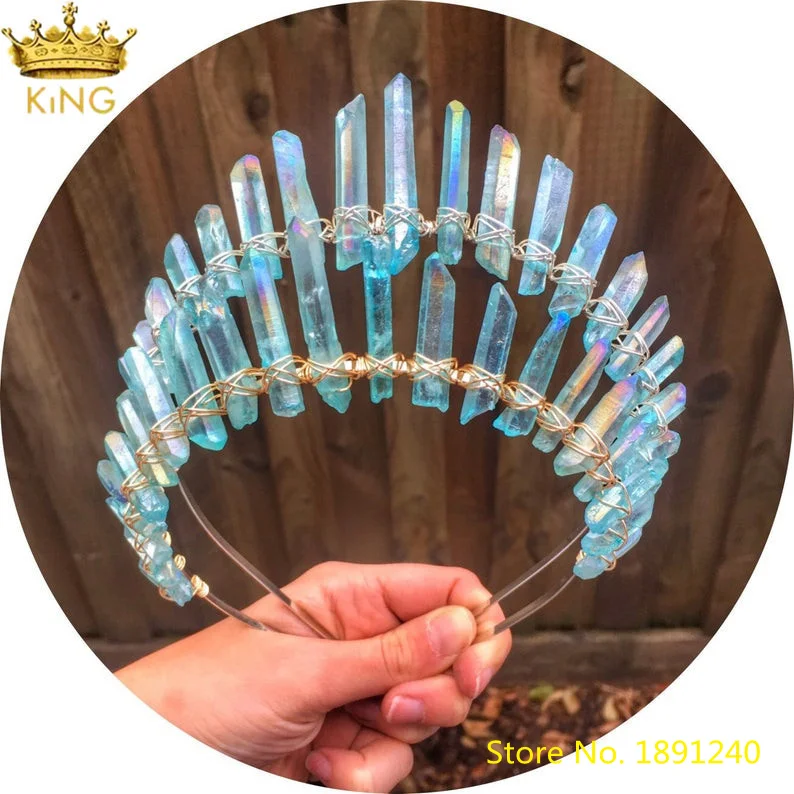 

Fashion Women Crystal Crowns Tiara Gold Silvery Wire Wrapped Sky Blue Quartz Point Crowns Headband Bridal Hair Jewelry HG08KBCI