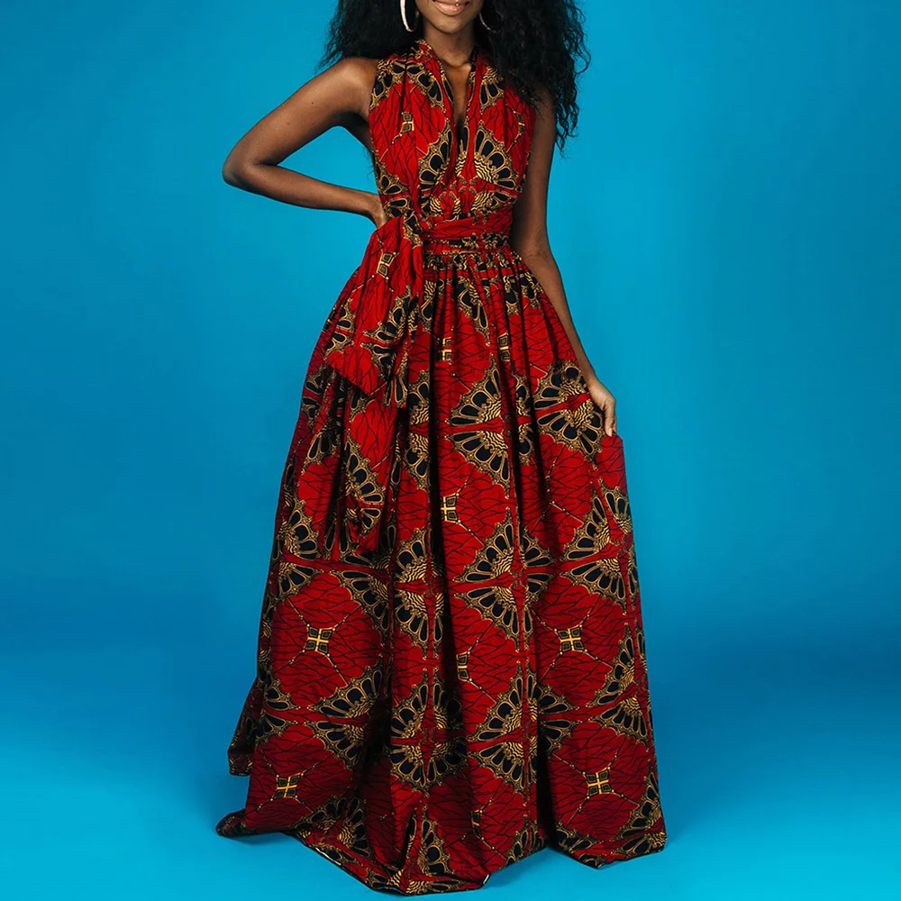 Длинное летнее женское платье с лямкой на шее в африканском стиле высокой талией