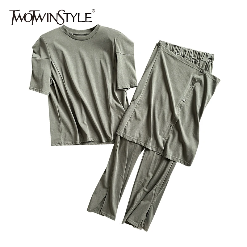 

Женский брючный костюм TWOTWINSTYLE, повседневный костюм цвета хаки с круглым вырезом и коротким рукавом, широкие брюки с высокой талией, свободн...