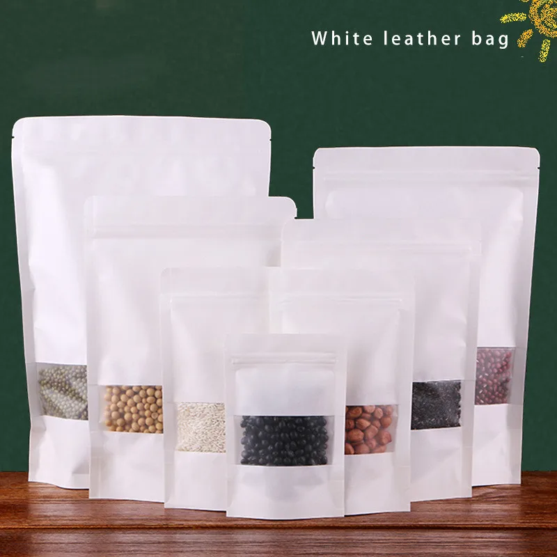 

100PCS Matte Standing Zip Lock Bag Candy Food Nut Tea Gift Packaging Clear Window Pouch White Kraft Paper Self-standing Bags