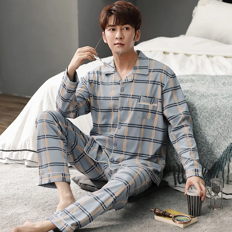 Winter Cotton Men Pajamas Lounge Sleepwear Black Plaid Pijama Man's Warm Bedgown Home Clothes 100% Pure Cotton Pijama Hombre PJ