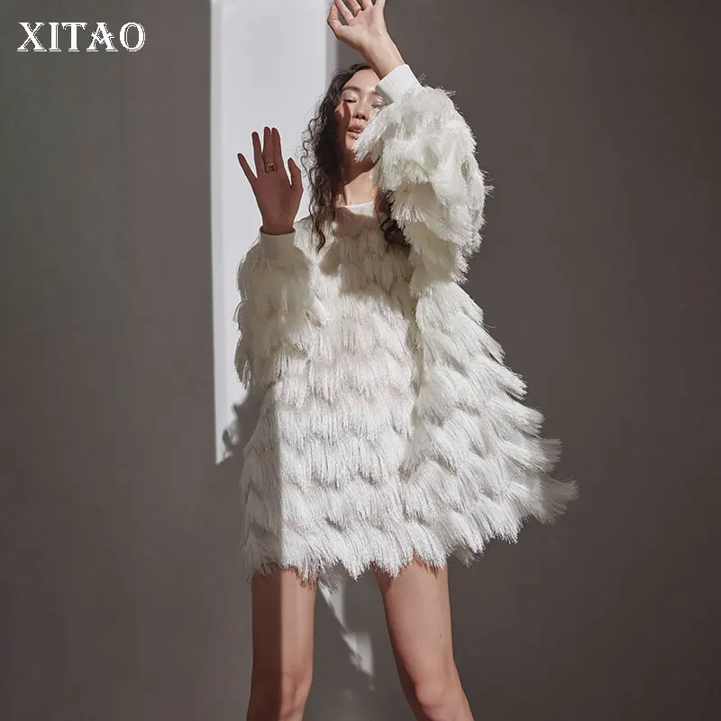 

XITAO Temperament Mini Tassel Dress Loose Fashion Solid White Splicing Women Simplicity O-neck Collar All-match New GWJ2834
