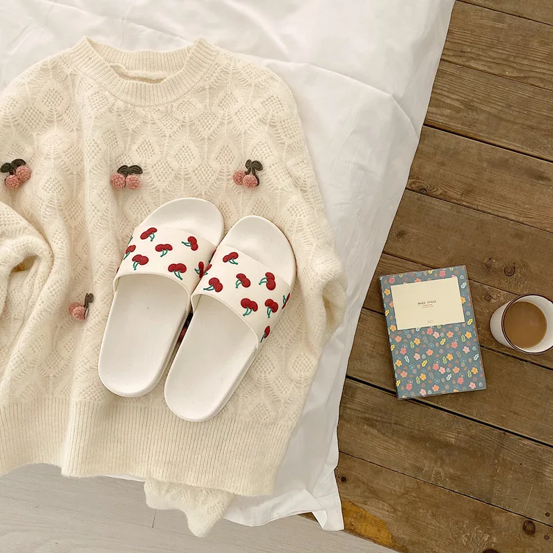 

Red Cherry Slippers Summer Casual Slippers Lady Women's Shoes For Spring Luxury Casual Vulcanize Sandals Platforms Home Slippers