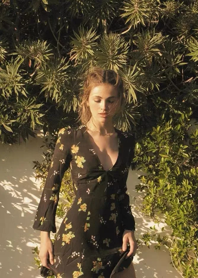 

Женское платье в пасторальном стиле, с V-образным вырезом и принтом, с длинным рукавом, с талией, на раннюю осень, 2021