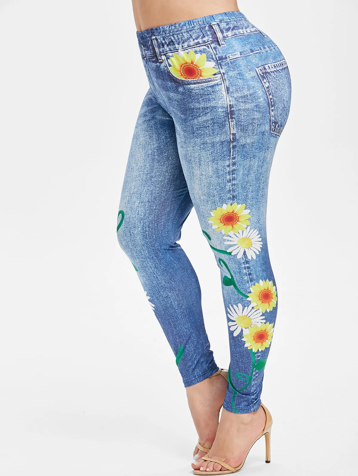 ROSEGAL размера плюс с принтом подсолнуха обтягивающие 3D джеггинсы эластичной