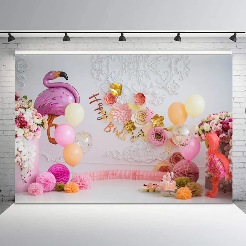 Розовый шар в виде фламинго Дети День рождения фоны для фотостудии Белая стена