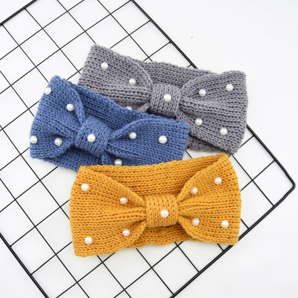 Зимняя теплая вязаная повязка на голову с ушками тюрбан Женский вязаный бант