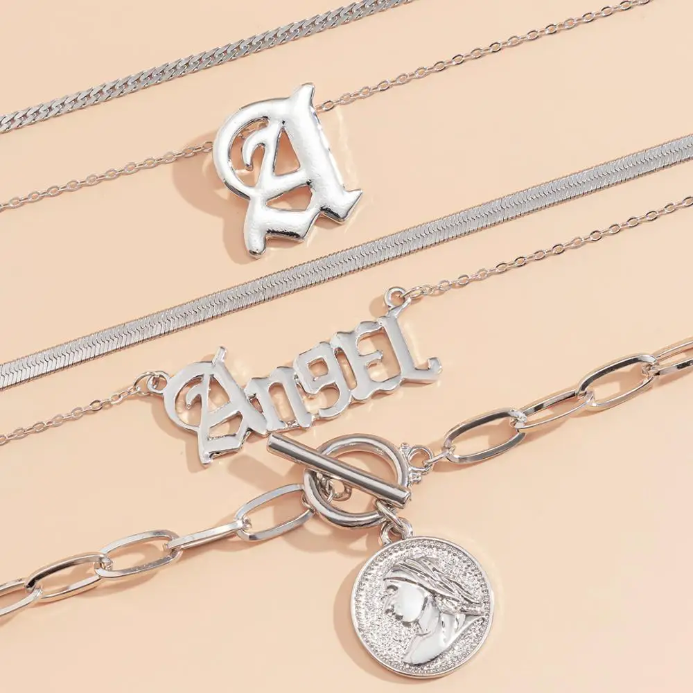 

IngeSight.Z 5Pcs/Set Multi Layered Toggle Lasso Carved Coin Pendant Necklace Flat Snake Chain Letter Choker Necklaces Jewelry