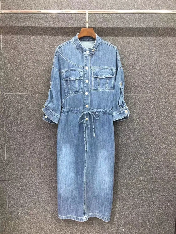 

2021 spring new women's round neck solid color decoration symmetrical pocket drawstring waist long-sleeved denim dress 323