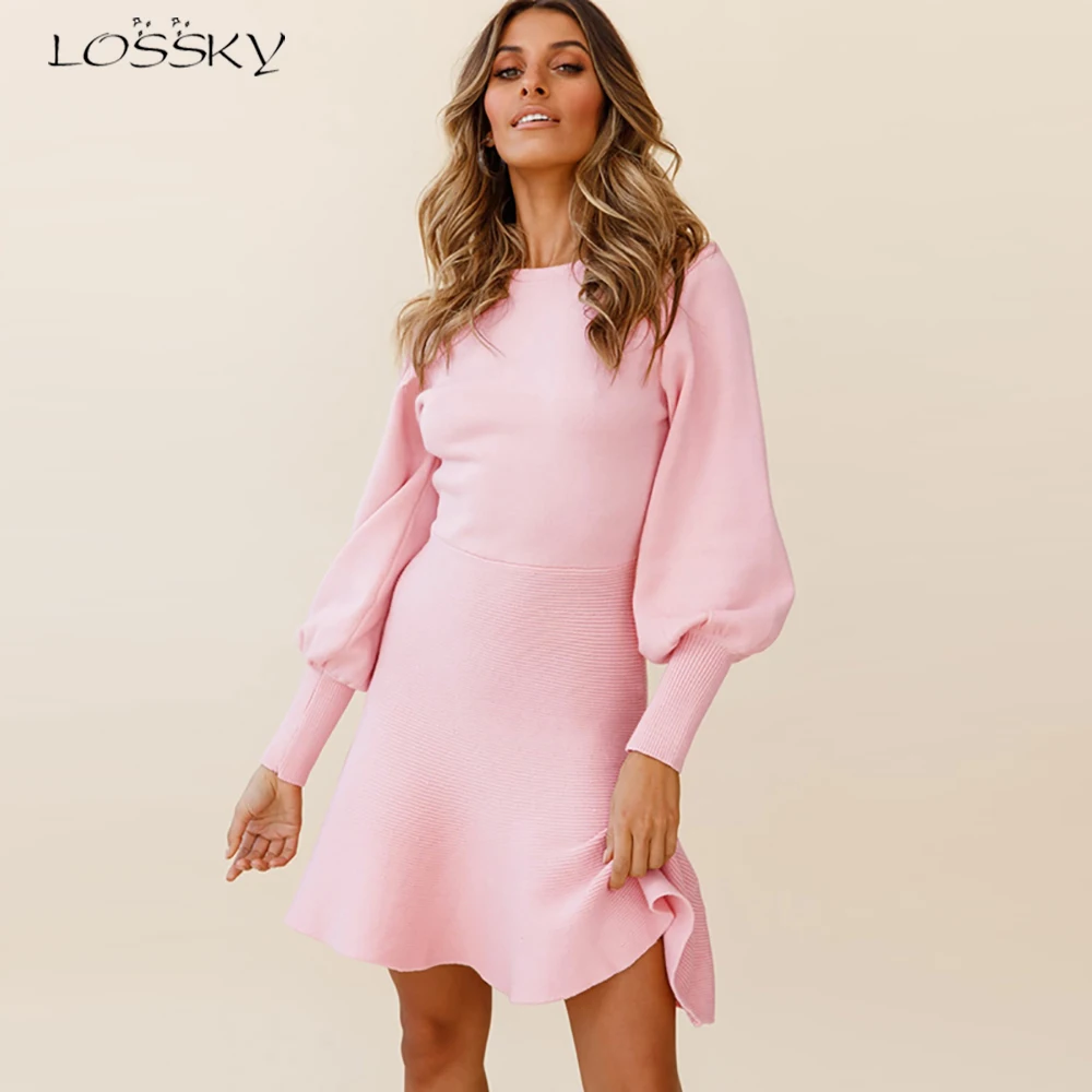 

Women Knitted Long Sleeve Dress Casual Slim Spring Autumn Black Basic Mini Dresses Ladies Elegant Solid A-line Party Dress