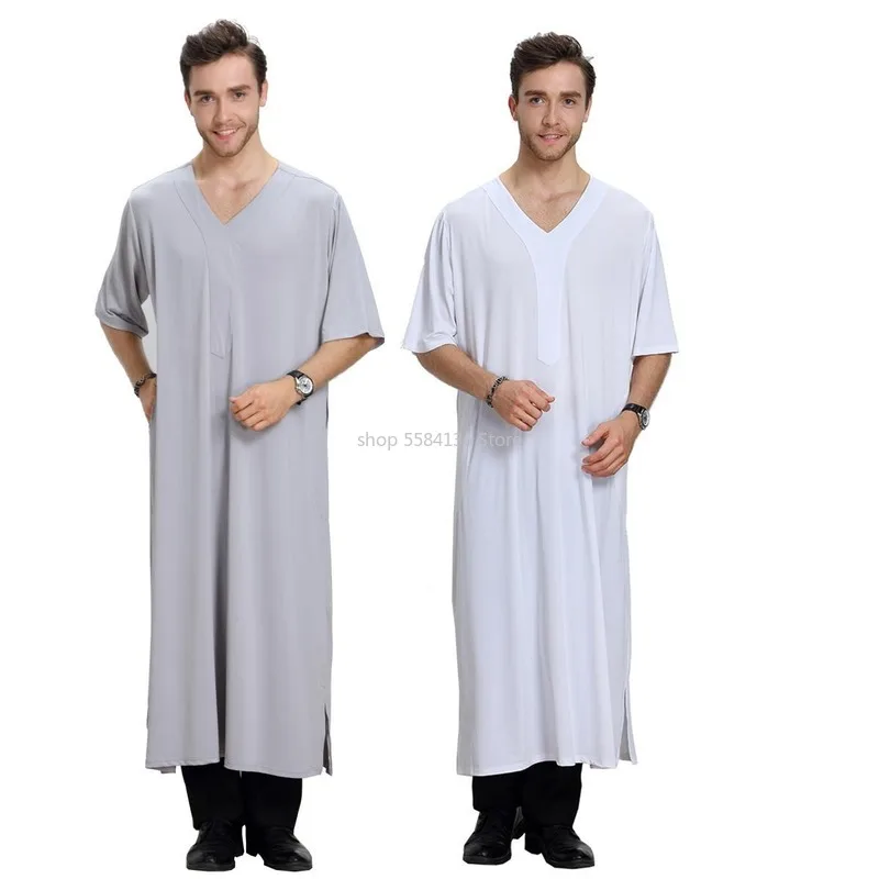 Men Muslim Jubba Thobe Kaftan Dishdasha Thawb Arab Jabbah Men Short Sleeve Robe Summer Casual Loose Islamic Clothes Ramadan New