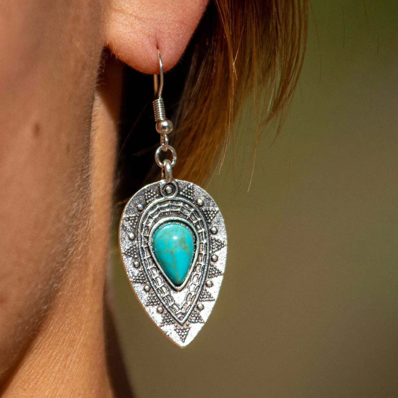 

Fashion Vintage Tibetan Silver Natural Turquoise Earrings Blue Stone Drop Earrings Ladies Boho Style | Drop Earrings 4.5*2.5cm