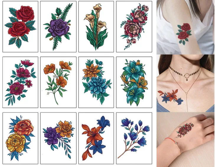 Pegatinas de tatuajes de estilo floral a la moda, pegatinas a prueba de agua y adhesivas, 4 juegos/lote-1