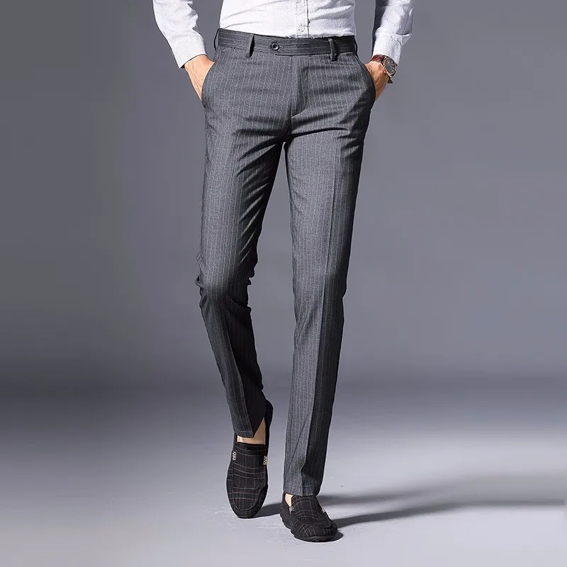 

2021 summer new youth casual pants Korean slim elastic stripe solid color men's business casual pants fashion