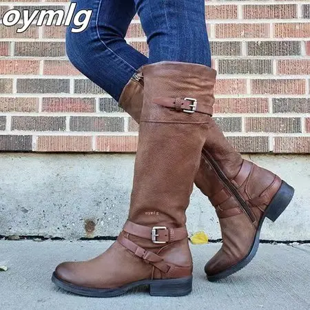 

oymlg Women Knee High Boots Gladiator Low Heels Autumn Pu Leather Winter Plus Size Shoes Booties Vintage Shoe Mujer
