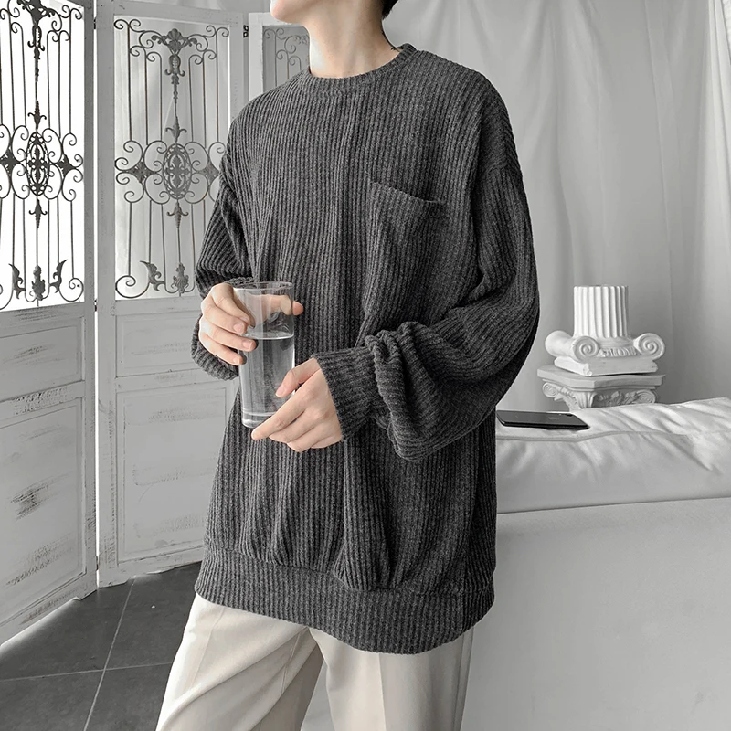 BlackGray(AsianSize) Privathinker мужской свободный свитер с круглым вырезом в простом стиле мужские осенние пуловеры топы мужские однотонные вязаные свитера модная одежда - Цвет: BlackGray(AsianSize)