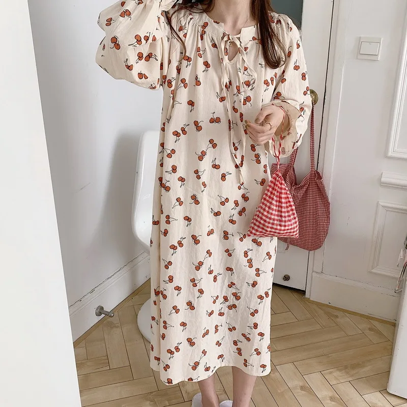 

Print Cherry Female Sexy Nightgown Sleepwear Bowknot Cotton Sleepdress Homewear Mid Nightdress Lingerie Homedress Nightwear