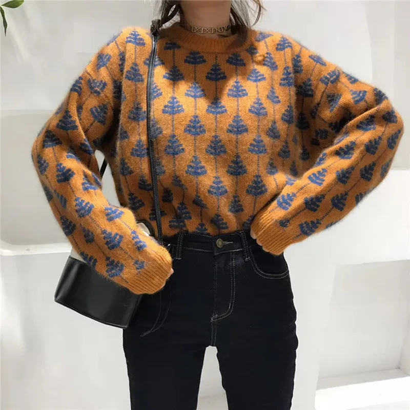 

Women Pullover 2020 Fashion Oversized Jumper Houndstooth Knitted Sweaters Vintage Long Sleeve Loose Female Pullovers Chic Tops