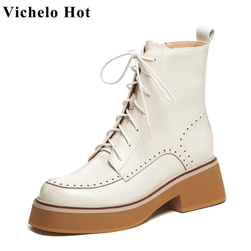 

Vichelo Лидер продаж 2022 современные зимние ботинки из коровьей кожи с квадратным носком для отдыха на толстой подошве и высоком каблуке с перек...