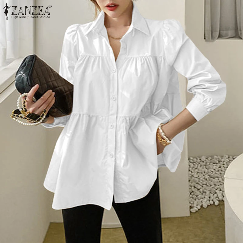 

2022 Women Spring Work OL Long Sleeve Shirt ZANZEA Elegant Ruffle Button Blouse Casual Lapel Office Tops Tunic Chemise