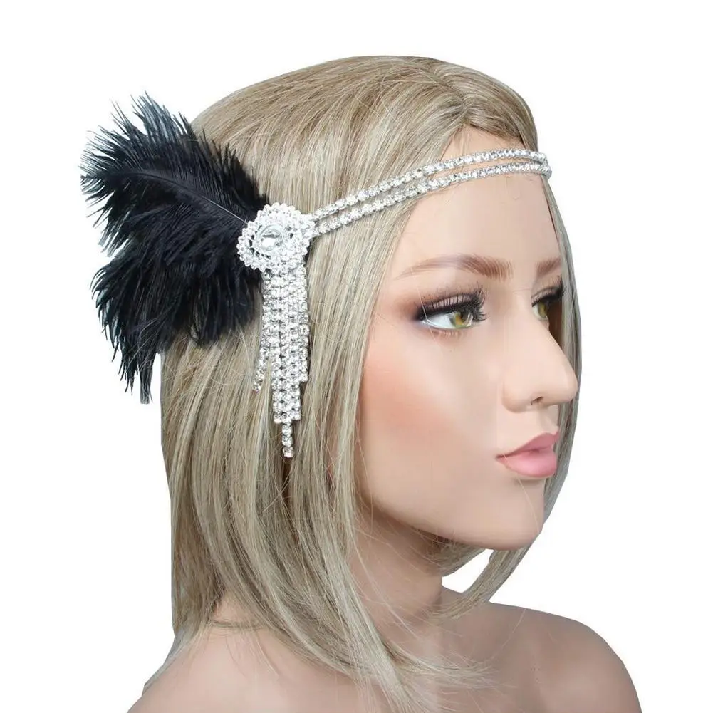 Винтажная повязка на голову Стразы с перьями для женщин цепочка из бисера волос