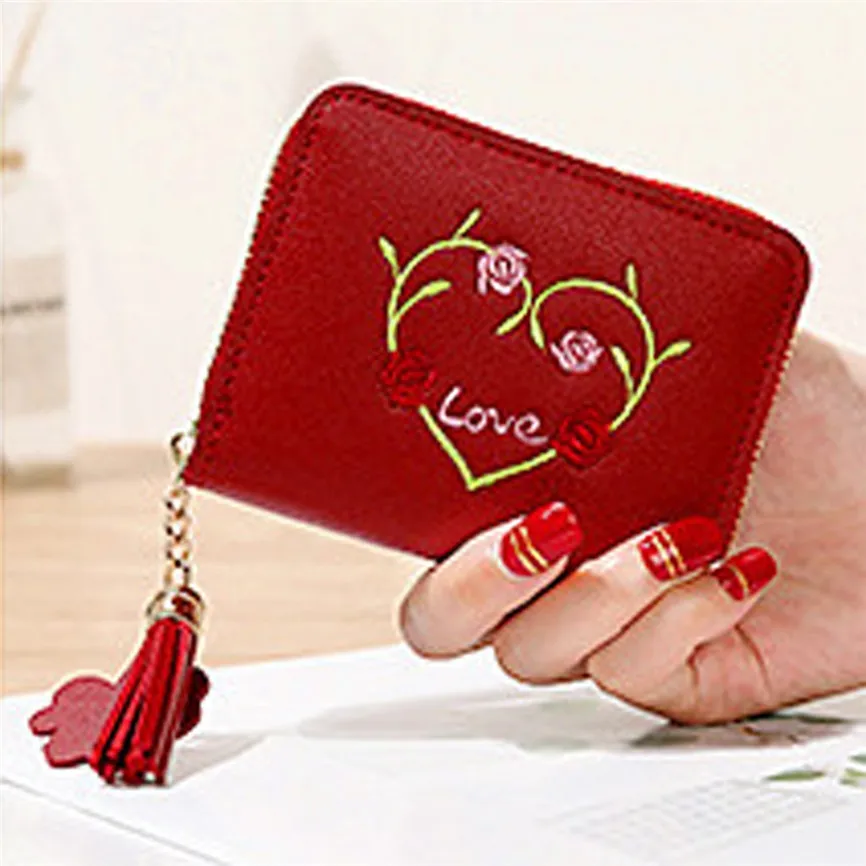 Женский кошелек модный тренд однотонный кожаный бумажник с бахромой и цветком