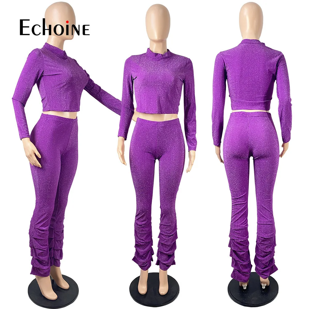 

Echoine Women Shiny silver Tracksuit Casual Sets Long Sleeve Skinny Crop Top Stacked Long Pant club Party Two Piece set Outfit