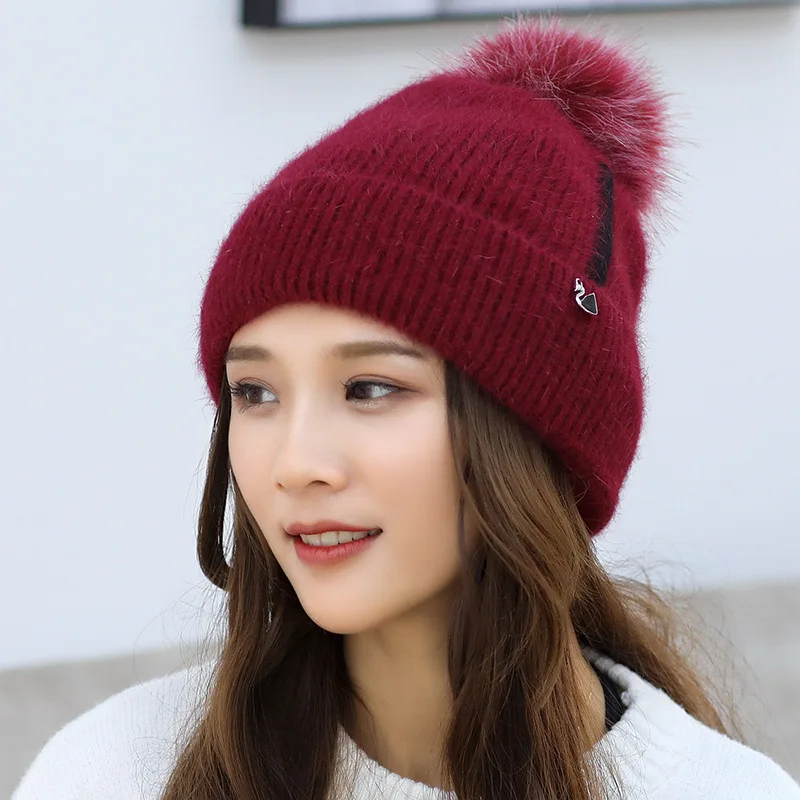 Зимние утолщенные вязаные шапочки для волос женская однотонная цветная нашивка