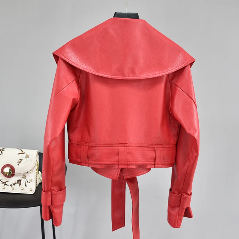 

DANG Autumn Women Pu Leather Jackets Short Coat Turndown Collar Belt Lace-up Motorcycle Black Punk Red Overcoat Female Outwear