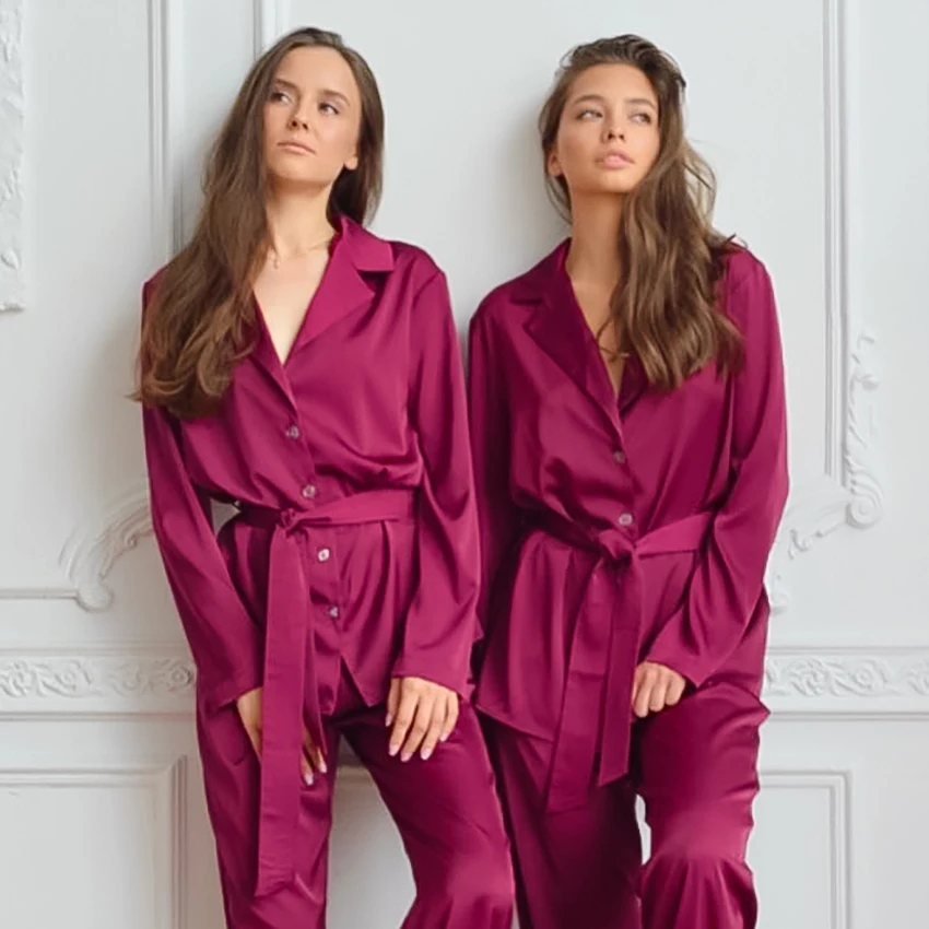 

HECHAN Pink Red Female Sleepwear With Sashes 2 Piece Set Loose Long Sleeve Satin Women Pajamas Pants Solid Homewear Suit Sets