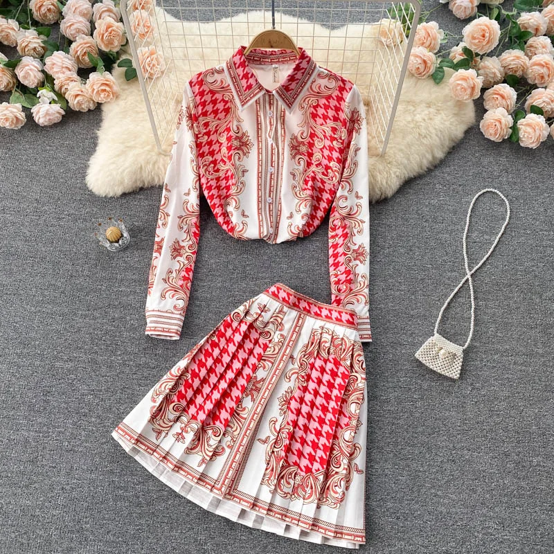 

Fashion Women Two Piece Set Vintage Floral Print Single Breasted Long Sleeve Shirt and Mini Pleated Skirt Suits Elegant Outfits