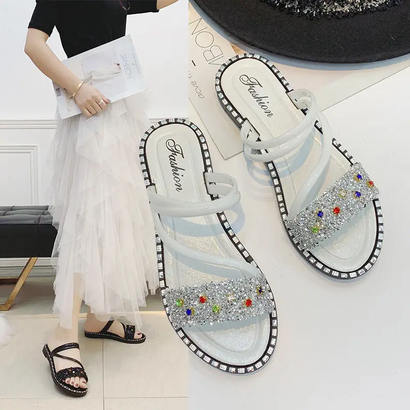 Горный хрусталь сандалии на плоской подошве женские с Т образным ремешком черные