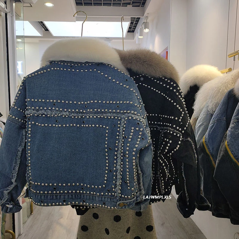 2021 натуральный Лисий мех воротник джинсовое пальто пуховик женский зимний 90%