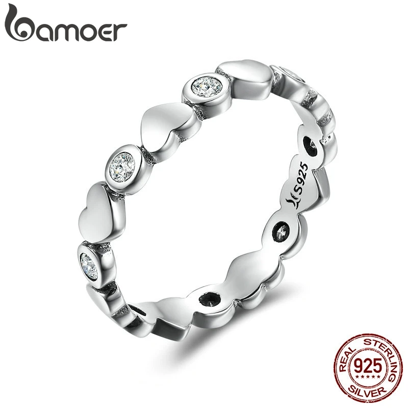 BAMOER, настоящее 925 пробы Серебряное стекируемое кольцо, любовь, сердце, навсегда, кольца на палец для женщин, свадебное, обручальное, ювелирное изделие SCR164