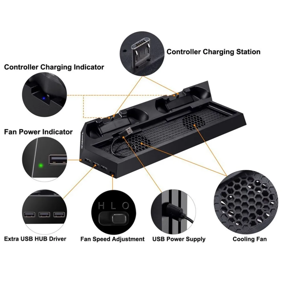 For PS4 Cooling Fan Heat Sink Base Vertical Charger Stand Dual Dock Charging Controller for Playstation 4 PS 4 Pro / Slim
