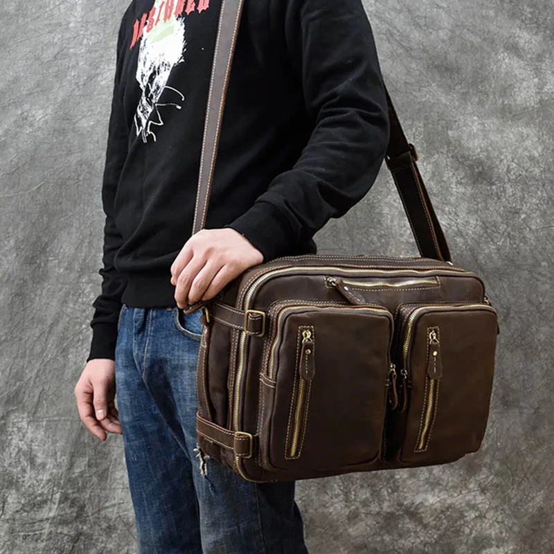 Men Business Briefcase Vintage Crazy Horse Genuine Leather 15inch Laptop Messenger Bag Cowhide Big Capacity Tote Office Handbag