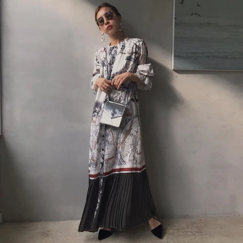 Элегантное офисное женское длинное платье с принтом корейские Японские Женские