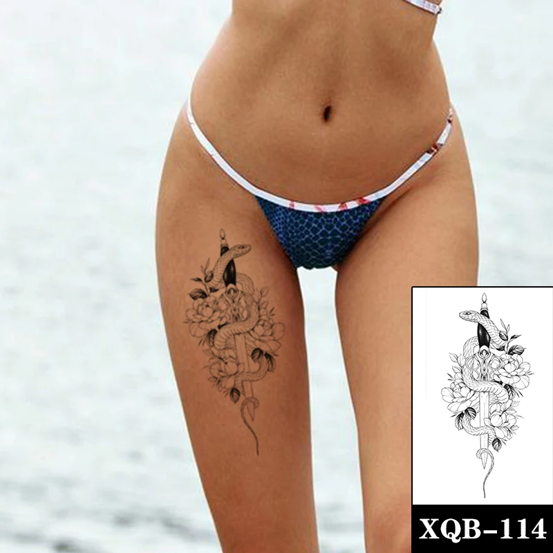 

Водостойкая Временная тату-наклейка Ukiyo-e, черная, белая, змея, цветок, листья, искусственная татуировка, тату для тела, для женщин и мужчин