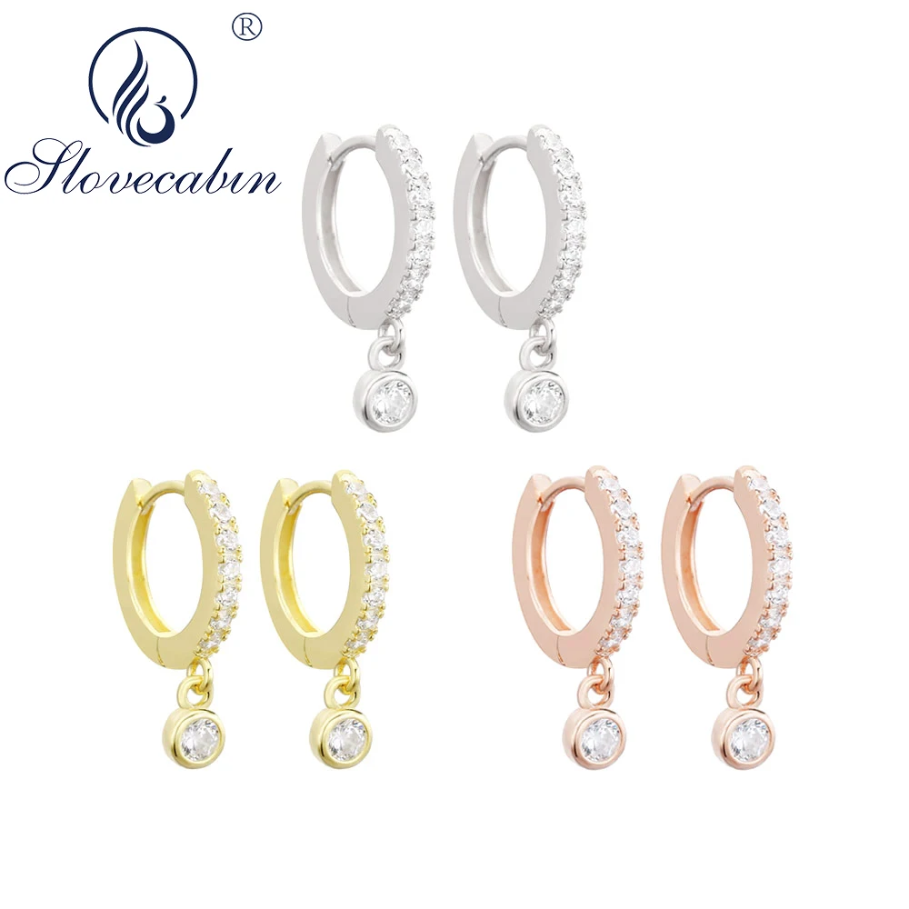 

Slovecabin 2020 Genuine 925 Sterling Silver Round Dangle Huggies Hoop Earrings With Clear CZ Women Gift Silver 925 Fine Jewelry