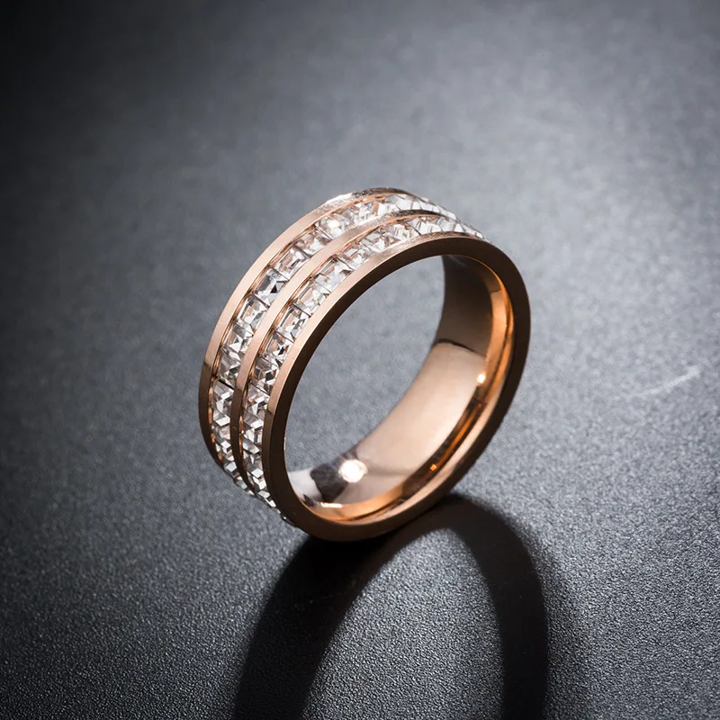 

New Titanium Steel Rose Gold Ring Fashion Wedding Ring Double Row Zircon Atmosphere Couple's Ring engagement rings for women