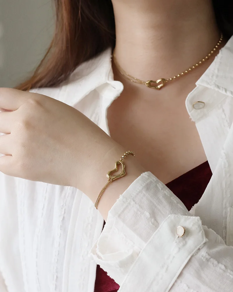 

Amaiyllis 18k Gold Branch Texture Love Heart Choker Necklace Hollow Out Round Bead Chain Necklace Bracelet Set For Female