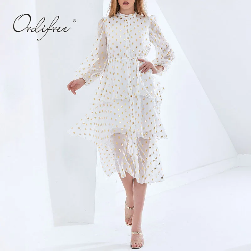 

Женское праздничное платье Ordifree, однобортная туника с длинным рукавом и оборками, пикантное пляжное макси-платье в горошек, большие размеры...