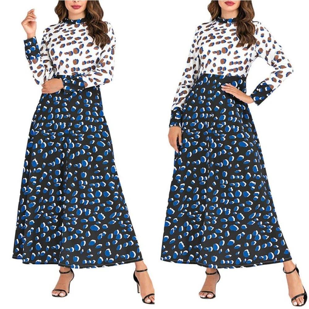 

Muslim Womens Long Sleeve Mock Neck Ladies Fashion Islamic Maxi Leopard Dress