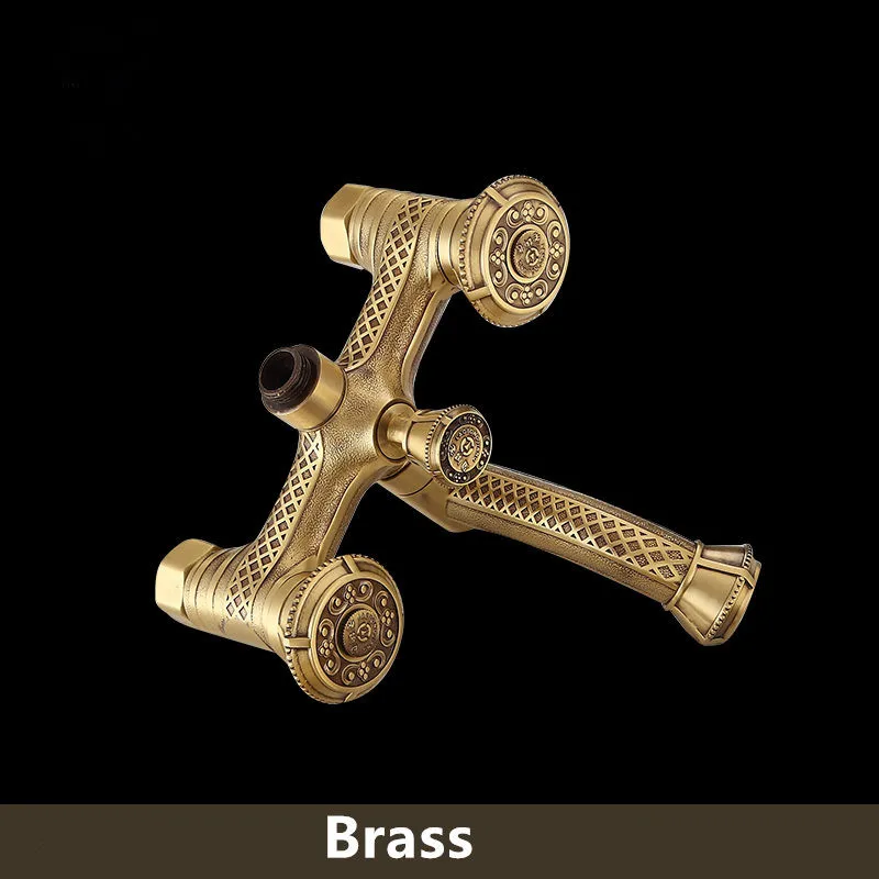 

Bath Bathtub Faucets Set Hot & Cold Mixer Taps Antique Brass Carved Dual Handle Bathtub Faucet With Handheld Shower Wall Mounted