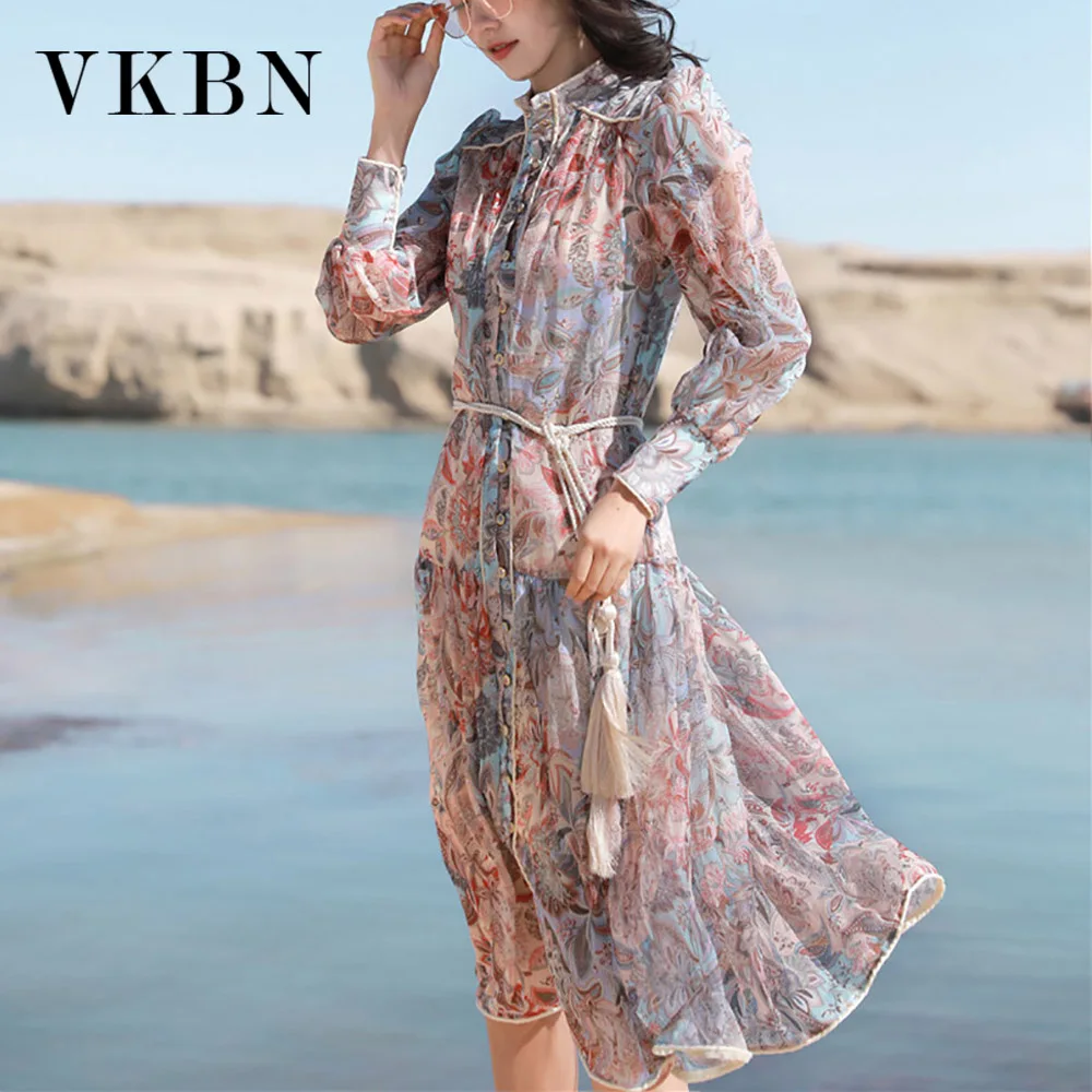 

VKBN Summer Casual Dress Women Chiffon Lantern Sleeve Stand Collar Printing High Quality 2021 Long Dresses for Women