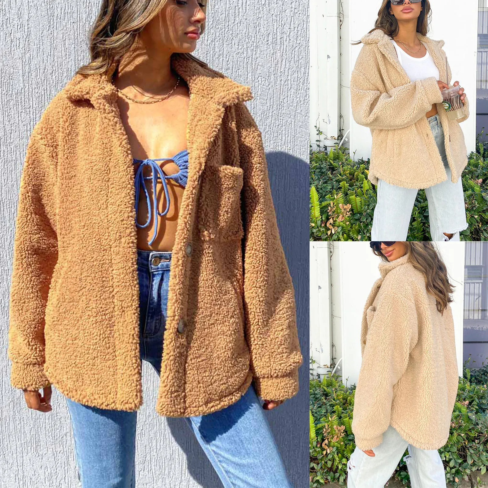 

Autumn Winter Women Long Sleeve Fluffy Plush Coat Ladies Casual Solid Color Lapel Cardigan Single-Breasted Loose Outerwear