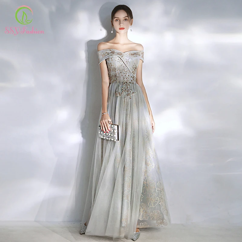 SSYFashion новая Банкетная элегантный серый вечернее платье с вырезом лодочкой